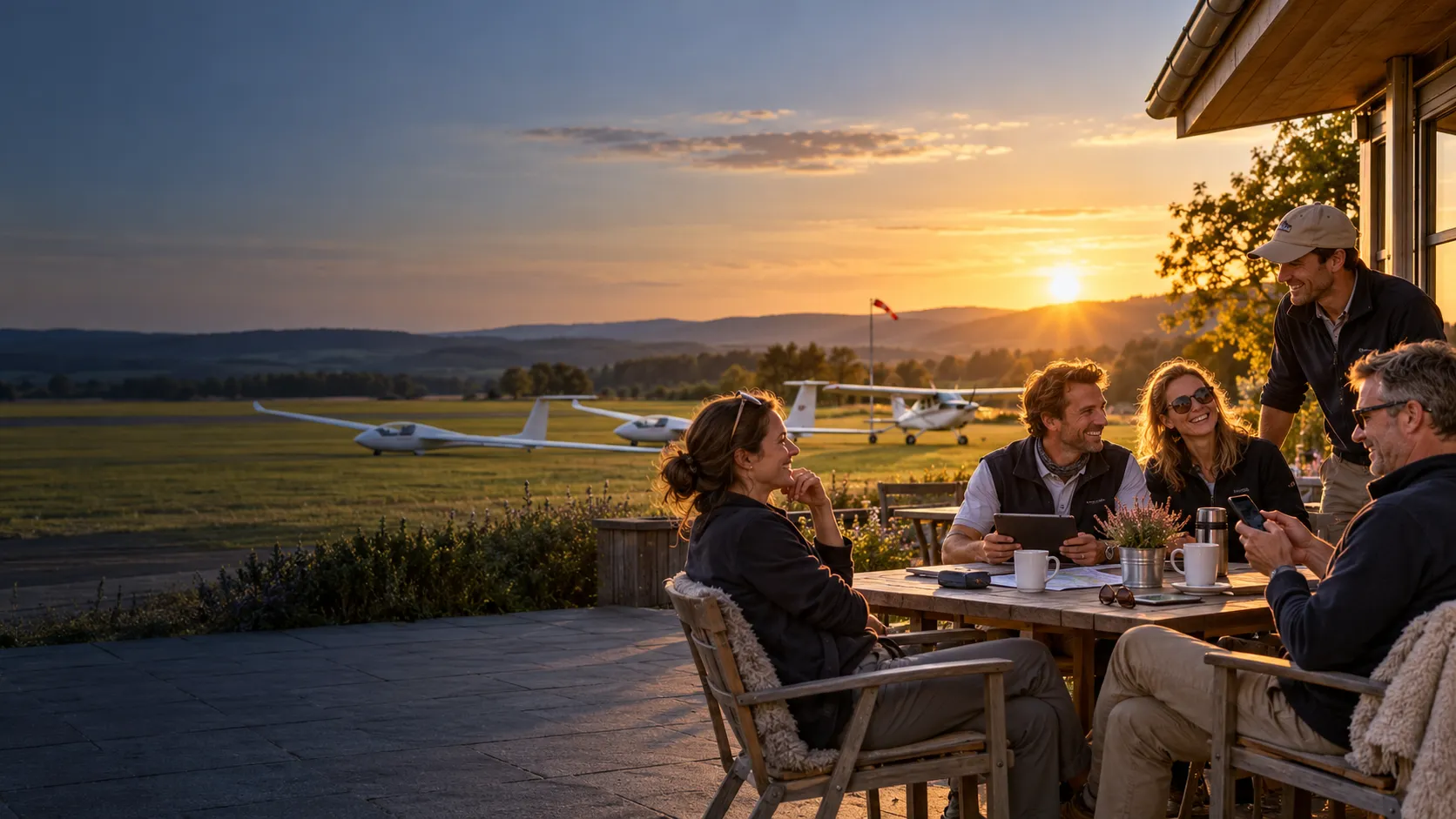 Pilots talking on a gliding club terrace at sunset, gliders and a light aeroplane parked on the field behind