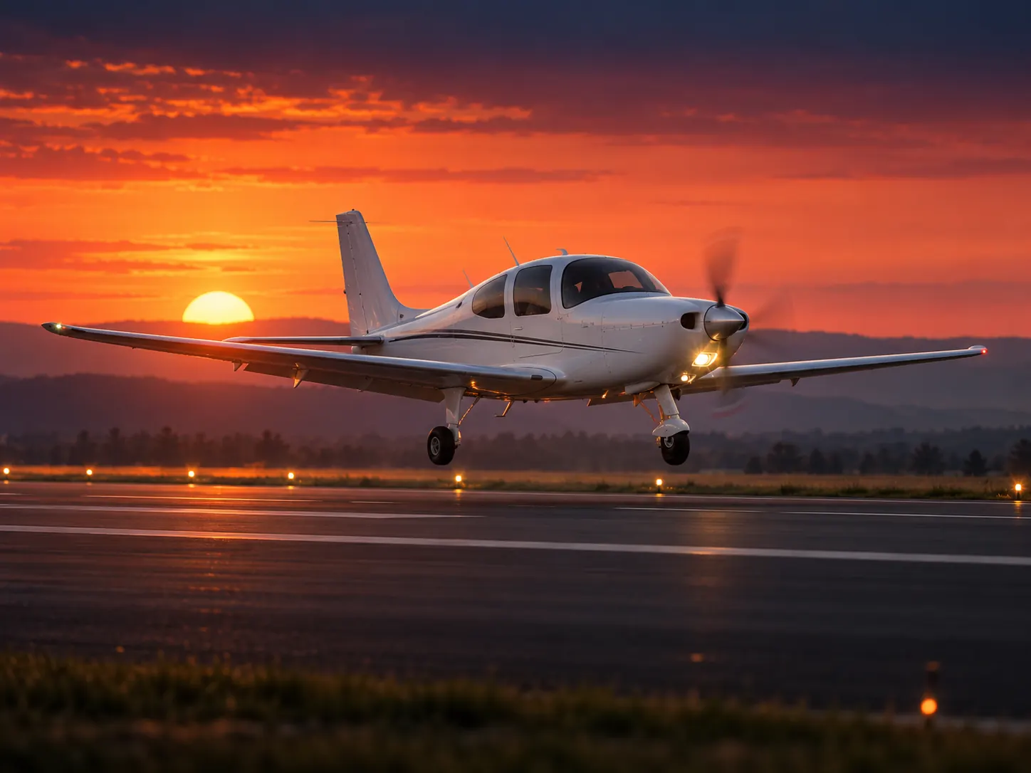 A light aeroplane touching down on a runway at sunset