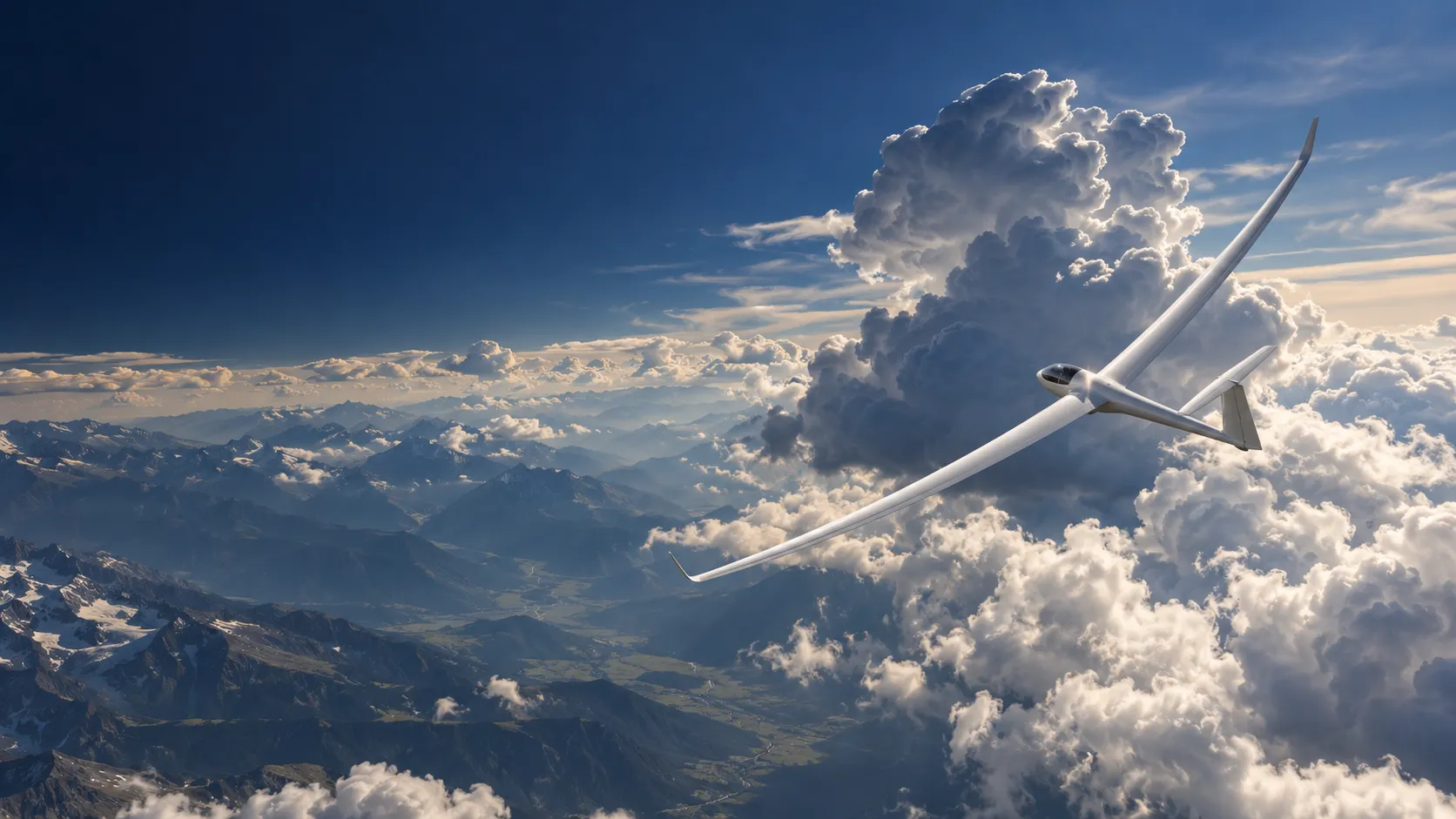 A white high-performance glider circling in a thermal above towering cumulus clouds