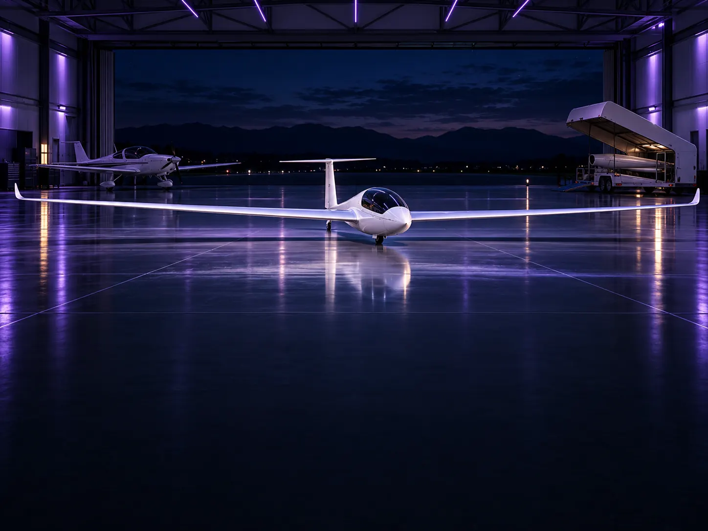 A white glider on a polished hangar floor under violet light