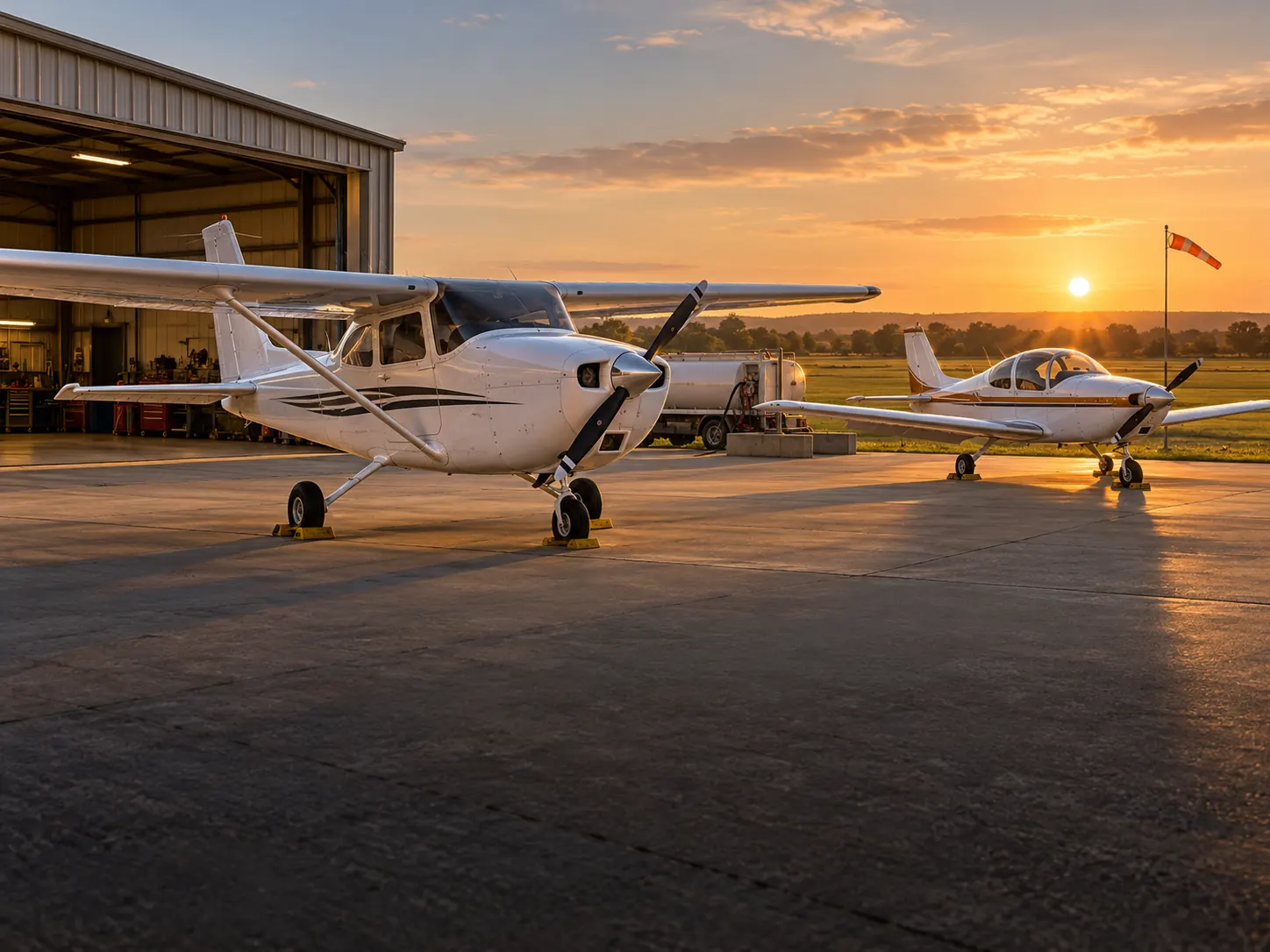 Two light aeroplanes on a flying club apron at golden hour