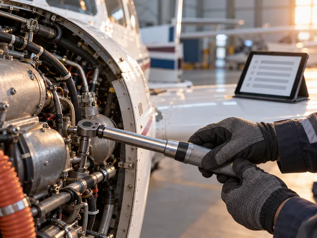 An engineer's gloved hands with a torque wrench beside an open engine cowling