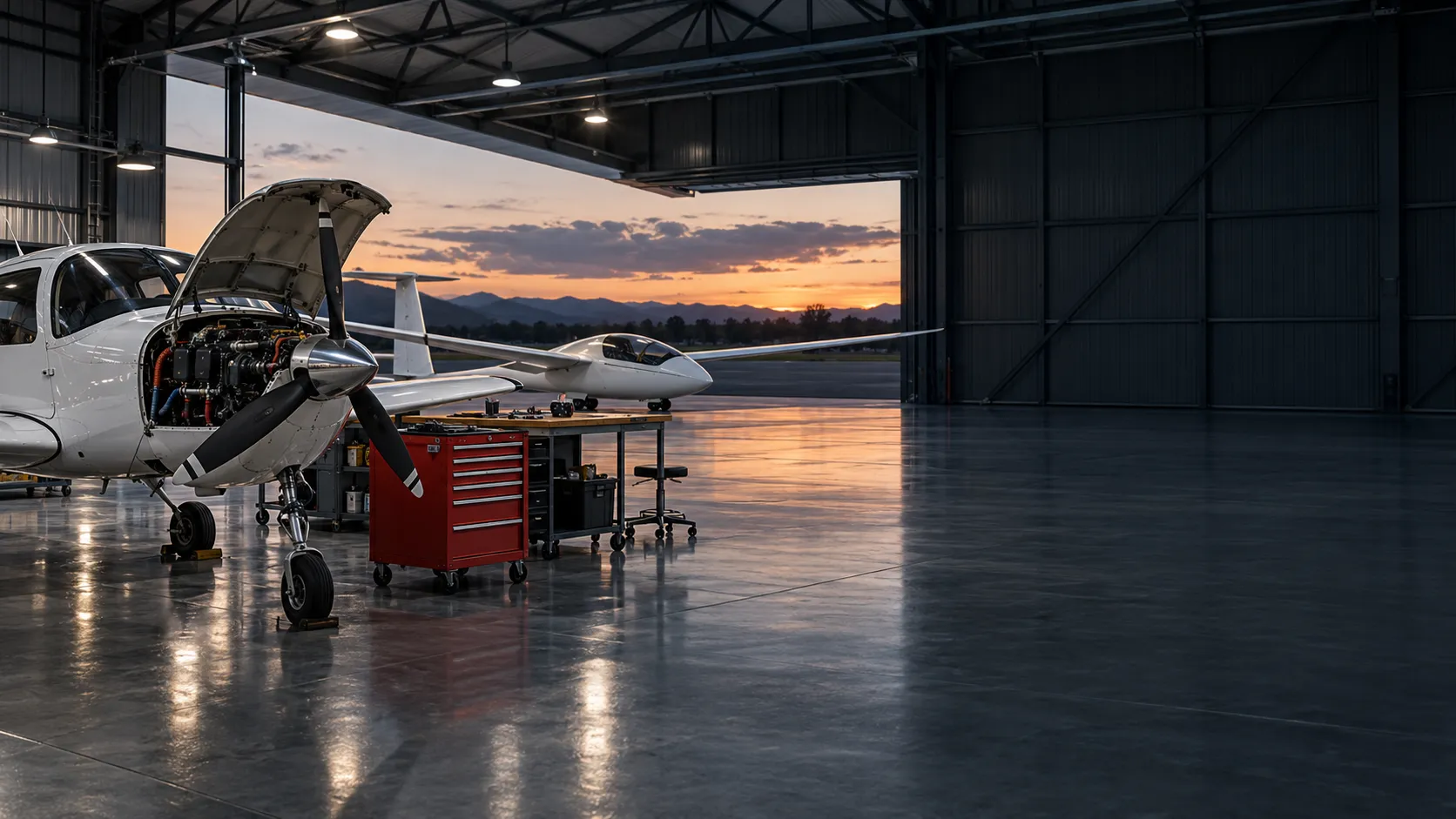 A light aeroplane with its cowling open inside a steel hangar at sunset, a glider wing behind it