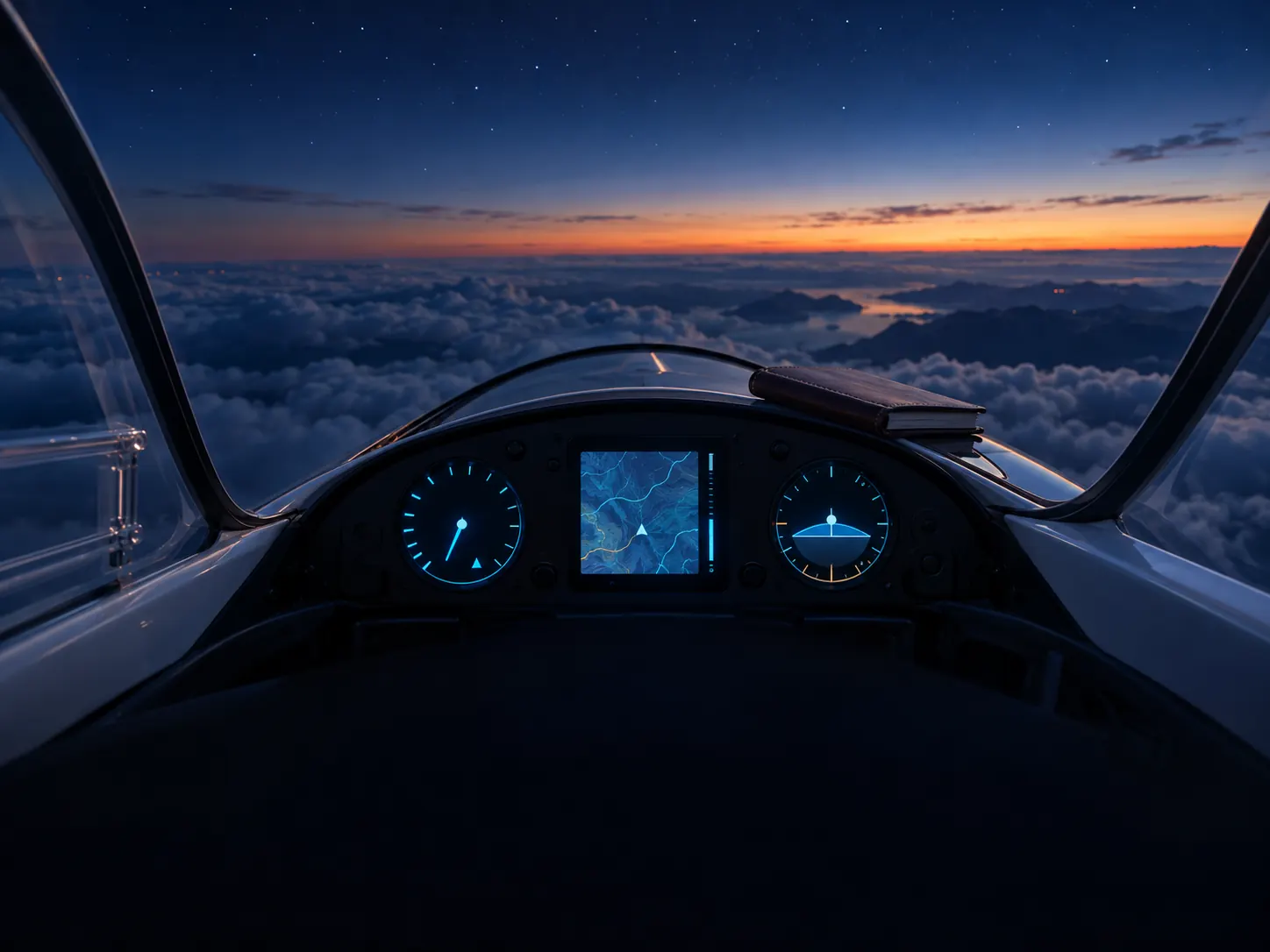 Glider cockpit at blue hour with glowing instruments above the clouds
