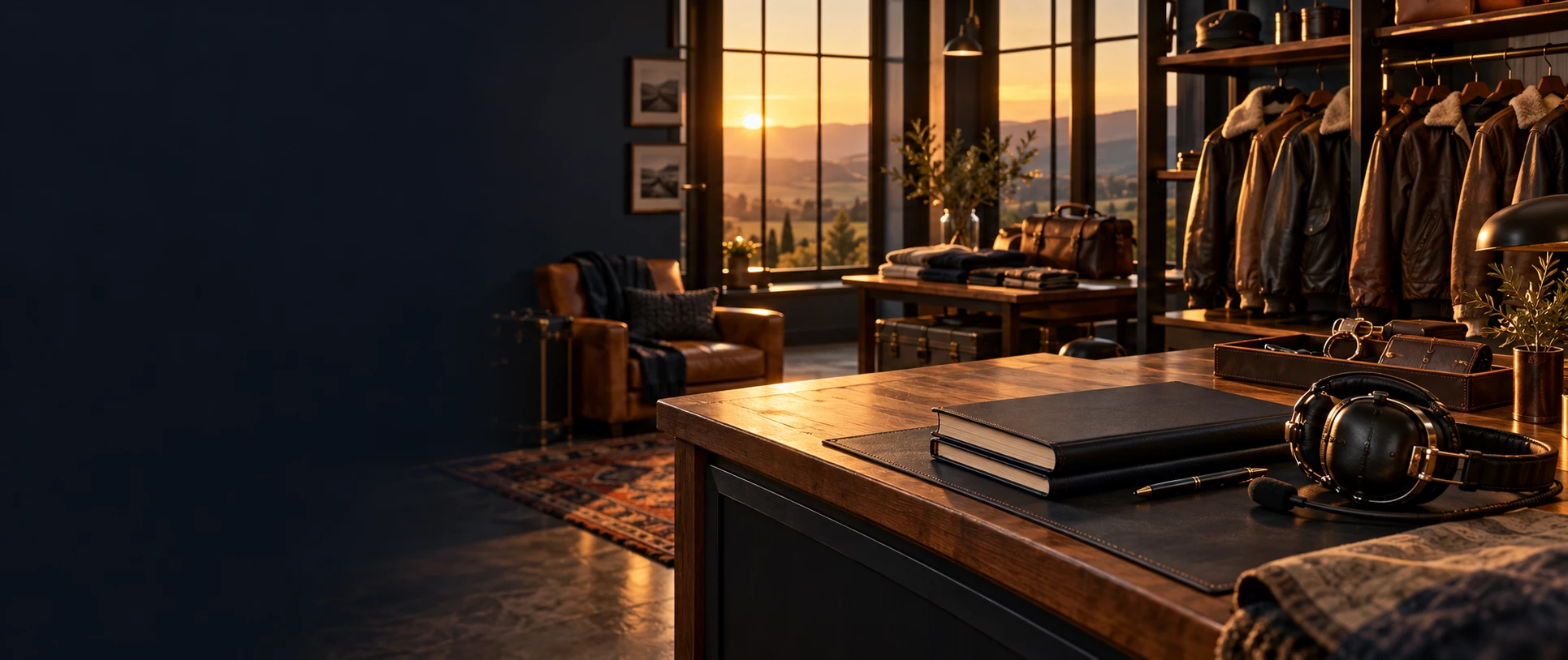 A pilot shop at sunset: leather logbooks and a headset on a wooden counter, flying jackets and bags on the shelves behind